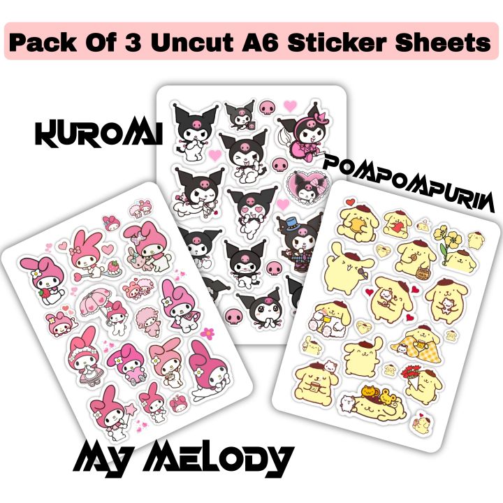 Pack of 3 (see variations) Cute Stickers Kuromi My Melody And Pompompurin Sanrio Anime Stickers For Laptop Girls Kids Toys Phone Diary Cute Cartoon