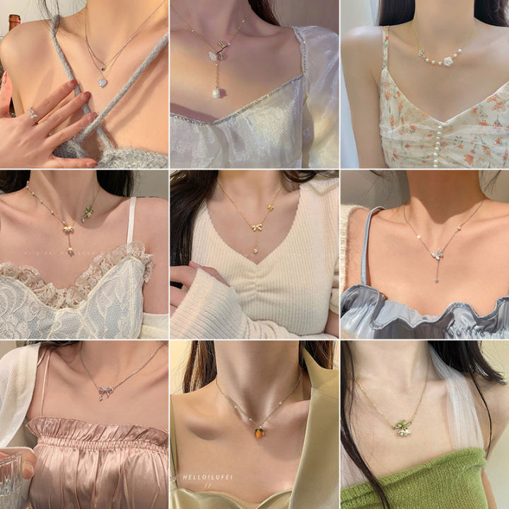 Spice girl temperament pendant jewelry wholesale niche ins style clavicle chain bow flower light luxury color preservation necklace women