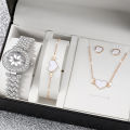 Fashionable 5-Piece Quartz Watch Collection for Women - Petal Gold Timepiece with Elegant Earrings & Necklace Set. 