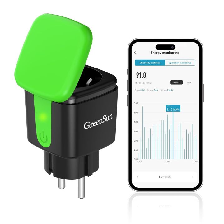GreenSun Smart WiFi Plug Outdoor Socket Power Consumption Measurement Compatible with Alexa and Google Home, APP Remote Control, Timer Function