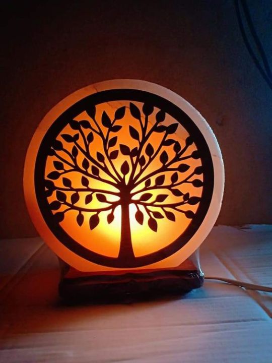Customized  Himalayan salt lamp with 3d design prints wood design