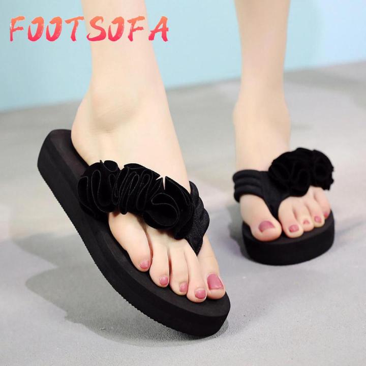OIMG Korean For Summer Fashion Women'S Flower Clip Toe Flip Flops Non-Slip Wedges Beach Slippers Wedge Sandals Female Women Shoes