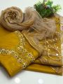 3Pc Heavy Pure Handmade Dress Wedding Wear Kattan Silk Beautiful Handmade Mooti Crystal Work & Kundan Work Shirt  Net Mirroe Work Dupatta With 4 Sided Gotta Lase  Kattan Silk Plain Trouser. 