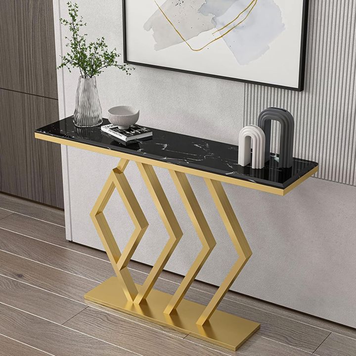 Diamond Shape Marble Entryway Table - Modern Minimalist Metal Console Tables for Living Room, Hallway, and Entryway