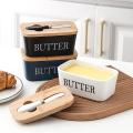 Elegant Porcelain Butter Dish with Knife, Large Ceramic Butter Dish with Lid and Natural Oak Wood Cover for Kitchen Decor and Accessories for Kitchen Gift, White. 