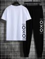 London Gym Attire Printed Summer Outfit Two Piece Short Sleeve T Shirts and Pants Sport Tracksuit For Men. 