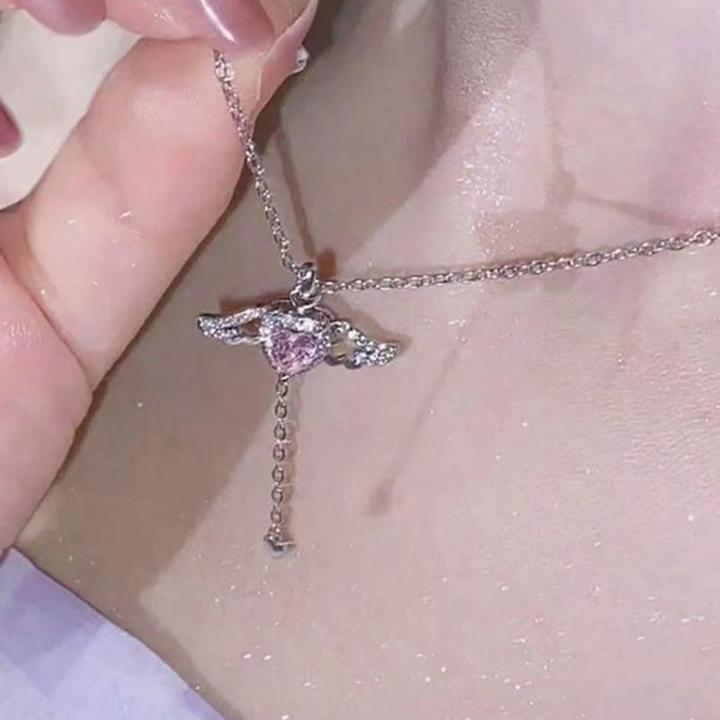 Kpop Fairy Wings Pink Heart Crystal Pendant Necklace Y2K Egirl Emo Women Heart Clavicle Chain Choker Fashion Jewelry Gifts