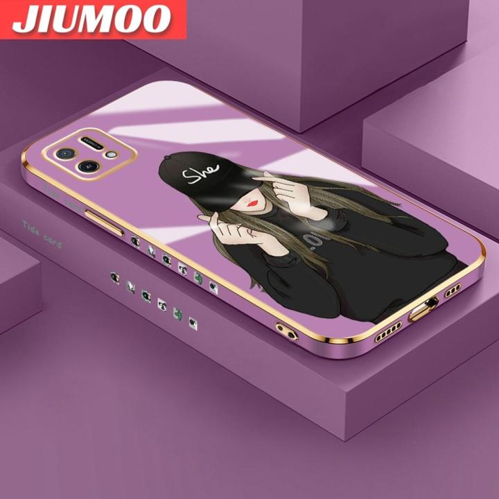 JIUMOO For OPPO A16K A16E Case Fashion Tide Girl Side Design Luxury Plating Phone Cases Square Edge Pattern Silicone Casing Full Back Cover Camera Protection SoftCase