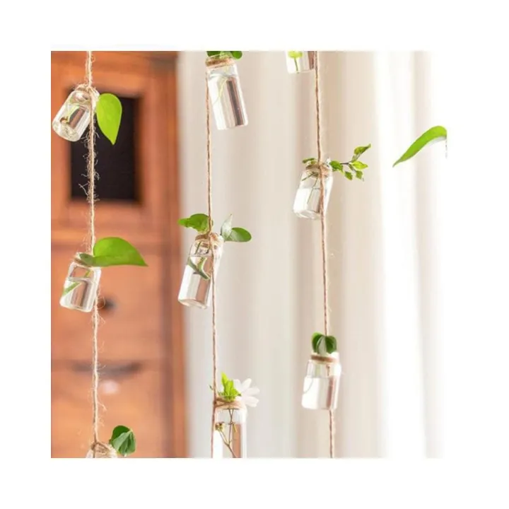 Set of 8 Rope Hanging Small Glass Bud Vase Without Money Plants , Decorative Hanging Glass Plants Vases, Small Hanging Vases, Home Decor, Housewarming Gift