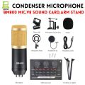 Condenser Microphone BM800 Full Kit & Adjustable MIC & V8 Sound Card & Suspension Scissor Microphone stand. 