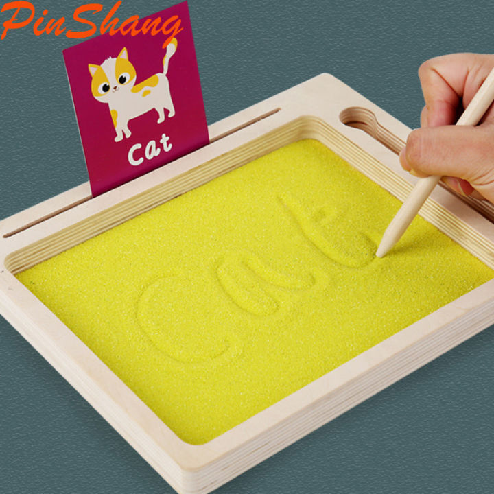 PinShang Sand Tray With Pen 36 Cards Toddler Wooden Sand Tray Toys Write Letters And Numbers Starter Educational Toys Gifts For Kids