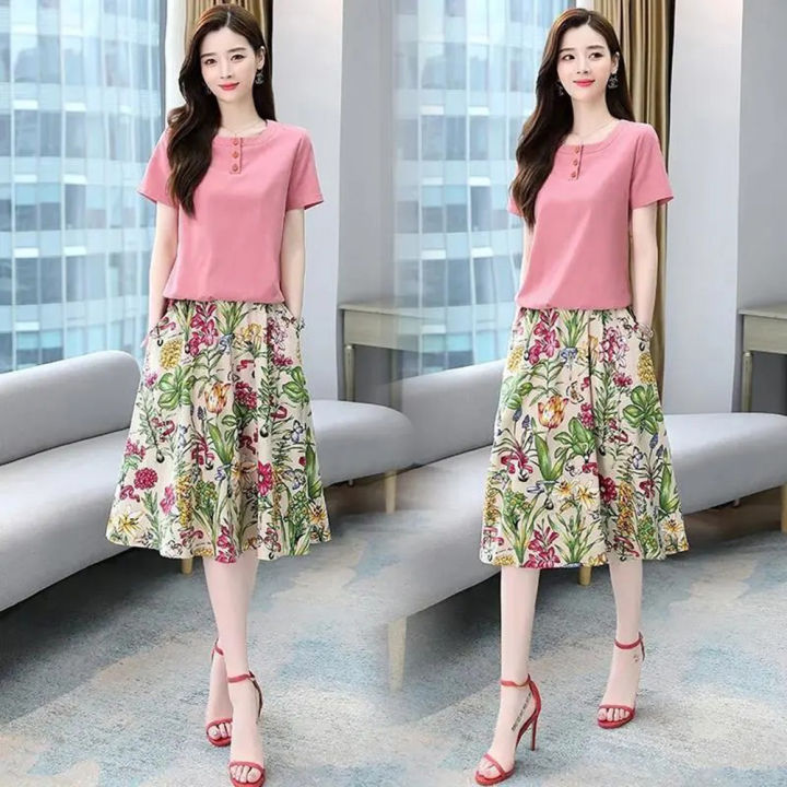2pcs%20Women%20Suit%20Short%20Sleeves%20Round%20Neck%20T%20Shirt%20Floral%20Printing%20Midi%20Skirt%20Casual%20Fashion%20Two%20Piece%20Suit%20-%20Image%209