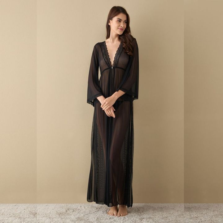 2 Piece Textured Night Dress with V-neck and Long Sleeves