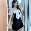 Women  Dress Black White Contrast Color Bubble Sleeve Bow ie Square Neck Little Black Dress color. 