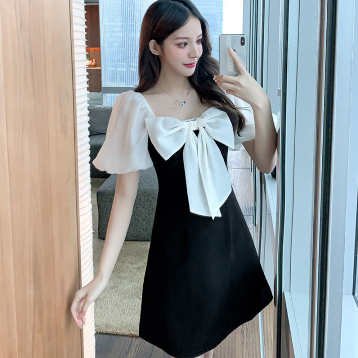 Women%20%20Dress%20Black%20White%20Contrast%20Color%20Bubble%20Sleeve%20Bow%20ie%20Square%20Neck%20Little%20Black%20Dress%20color%20-%20Image%203
