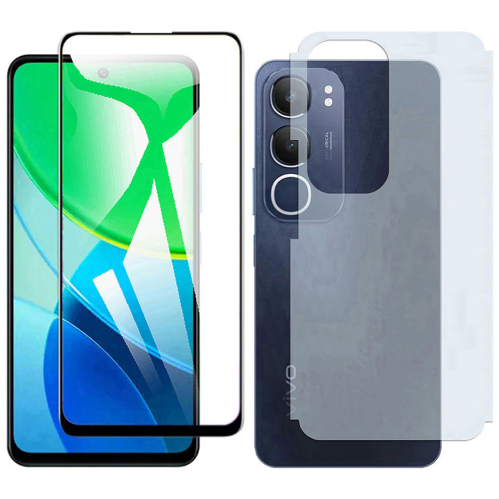 Vivo Y19s Full Black 9D/5D/6D /10D/11D/21D Tempered Glass Screen Protector Edge to Edge Full Glue Safety Glass + Back Matte Protector Soft Film Protector For Vivo Y19s
