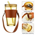 Techmanistan Glass Tumbler with Straw, Lid, Handle With Protective Leather Sleeve, Reusable Glass Coffee Tumbler, Glass Straw Milk Coffee Cup With Lid. 