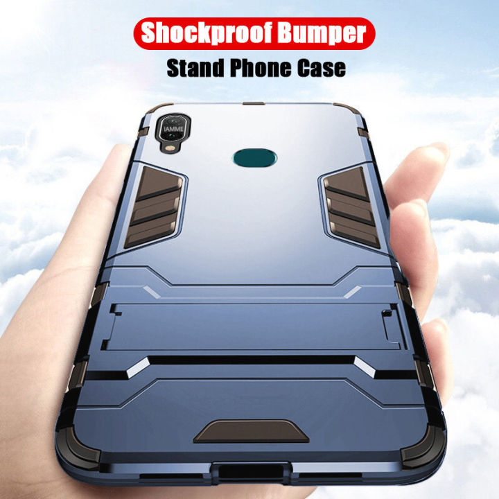 For Vivo Y11 Back Cover Shockproof Hybrid Armor Stand Holder Design Hard Plastic Soft TPU Silicone Bumper Protective Phone Case