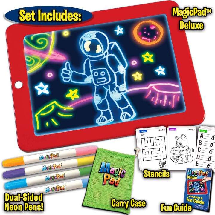 Bonus Magic pad Light up LED Drawing Tab which Includes 4 Dual Side Markets, Fun Guide 42 Stencils, Glow Boost Card, Dry Eraser and Carrying Case