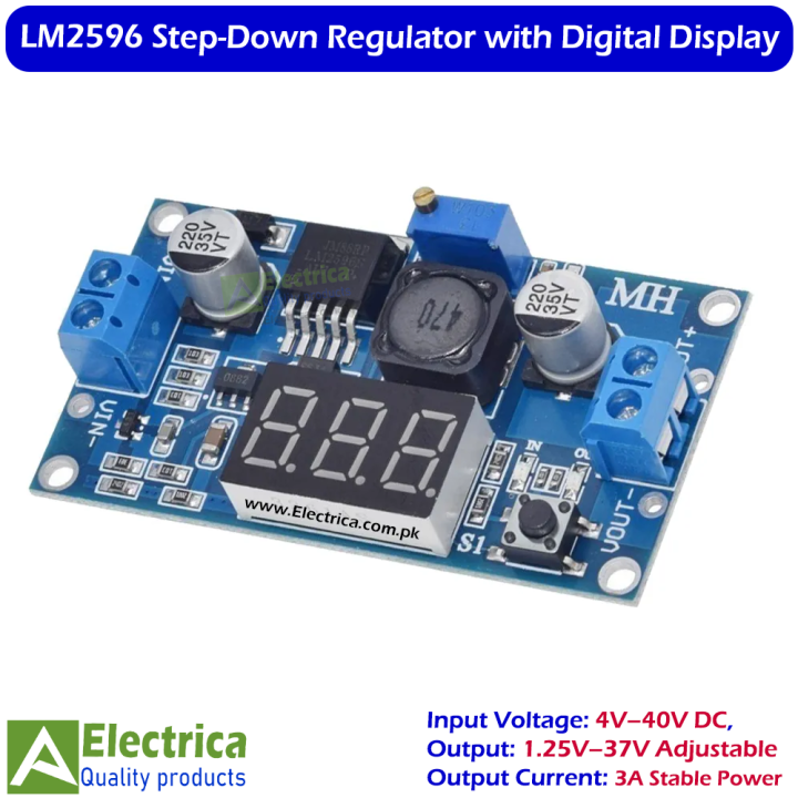 LM2596 3A Step Down Buck Converter Module with Digital Voltmeter Display, Adjustable DC-DC 4V–40V to 1.25V–37V Regulator for Arduino, LED & Battery Applications by Electrica