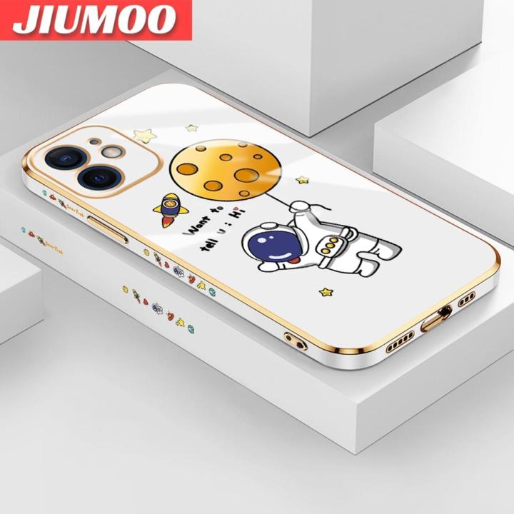 JIUMOO For IPhone 12 Case Cartoon Astronaut Nasa Side Design Phone Case Square Edge Pattern Silicone Softcase Luxury Plating Casing Full Cover Camera Shockproof Protection Cases