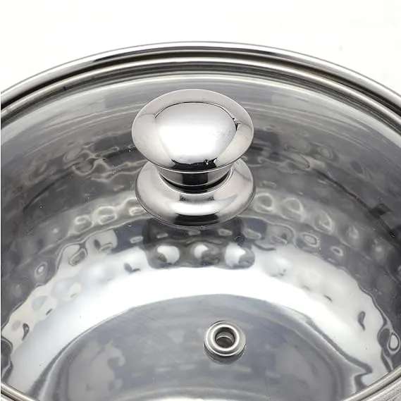 ORANGLES Hammered Stainless Steel Serving Handi with Glass Lid - high resolution display - exposing craftsmanship - Image 2 of 2 | built for everyone | Hammered Stainless Steel Serving Handi with Glass Lid for sale Georgia | Free Shipping ORANGLES