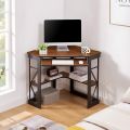 Corner Computer Table with Smooth Keyboard & Storage Shelves for Home Office Workstation Table , White & Gold. 