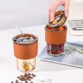 Glass Tumbler with Straw,  Lid & Leather Sleeve, Masson Jars Slub Glass Reusable Eco Friendly Glass Coffee Mug Tea Mug Tumbler. 