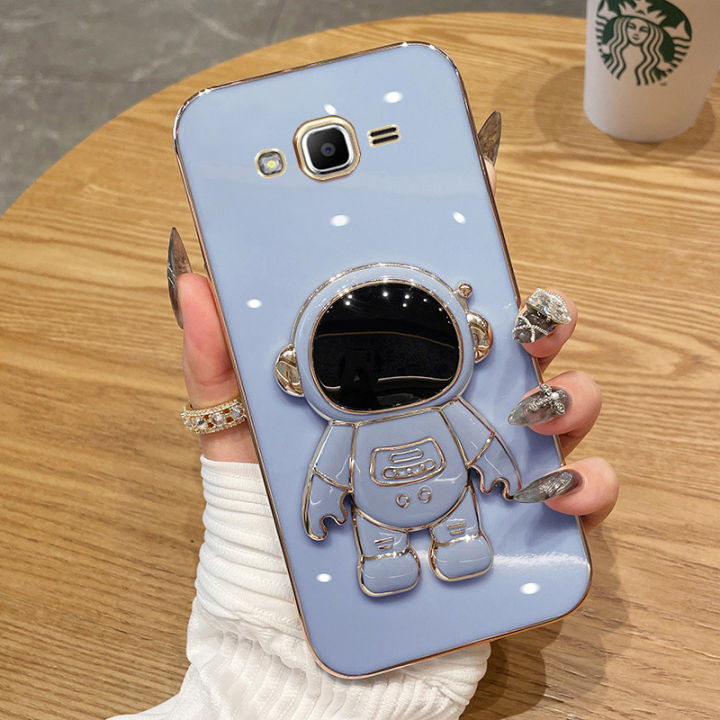 For Samsung Galaxy Grand Prime / Grand Prime Plus Back Cover with Cartoon Astronaut Folding Stand Luxury 6D Plating Frame Shiny Cases Soft Silicone Square Protective Mobile Phone Case