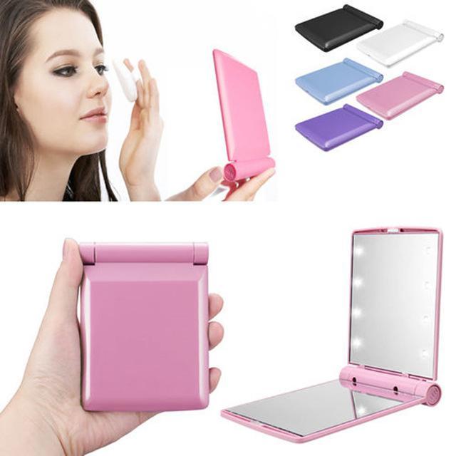 Amazing Makeup Cosmetic Folding Portable Compact Pocket Mirror with 8 LED Lights pink
