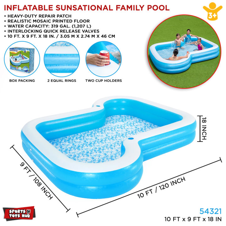 10 Ft Bestway Sunsational Family Swimming Pool For Kids & Family 120 Inch Inflatable Mosaic Floor Large Kids & Family Swimming Pool Summer Season Pools Party With Inflatable Vinyl Deep Swimming Pool with 18 Inch depth 9 foot width & 10 ft length 54321