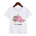 BOUND Lovely Sleeping Pusheen Cat Print Tee Shirt Summer 2021 Children's T-Shirts White Baby Girl Boy Clothes Kids Teens Tops Streetwear. 