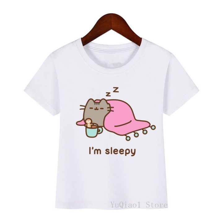 BOUND Lovely Sleeping Pusheen Cat Print Tee Shirt Summer 2021 Children's T-Shirts White Baby Girl Boy Clothes Kids Teens Tops Streetwear