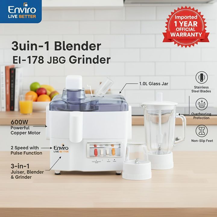 Enviro 3-in-1 Juicer Blender Grinder EI-178 JBG | Imported | 600W Powerful 100% Copper Motor | 1.0L Glass Jar | Electric Fruit Juicer Machine for Home Kitchen with 1 Year Official Warranty