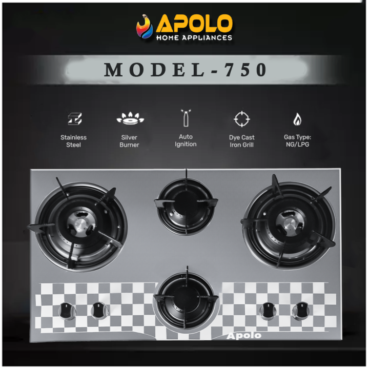 APOLO Automatic Hob - Model 750 - 4 Burner  Auto Ignition - 100% Pure Stainless Steel Top - Rust Proof