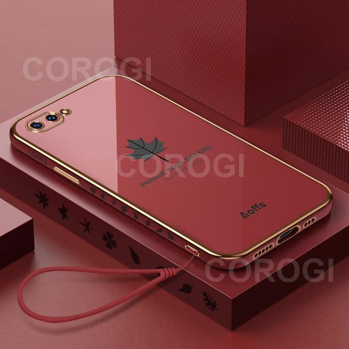 For OPPO A3s Cover + Wrist Strap Fashion Shiny Maple leaf Plating Square Bumper Phone Case Soft TPU Silicone Shockproof Protective Back Cover