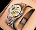 Skeleton Watch 10 Year Brand Warranty Automatic New Model Water Proof Beautiful Golden Mechanic Two tone Chain Sports Watch 100% Original 10 year warranty. 