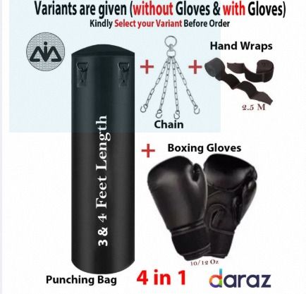 4-in-1 Punching Bag Set with Boxing Gloves, Hand Wraps & Chain - 3 & 4 Feet Options