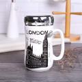 Designer Ceramic Coffee Mugs with Mirror Lid -  400ml (Random Design). 