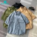 Green Home Cargo Shirt Flap Pockets Male Solid Color Casual Cargo Shirt. 