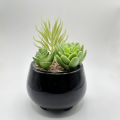 Black Ceramic Pot With Artificial Plant And Pebbles Home Decor. 