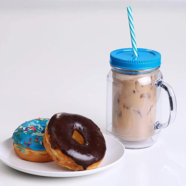 Double Wall Insulated Plastic Mason Jar Tumbler Mug with Striped Straw