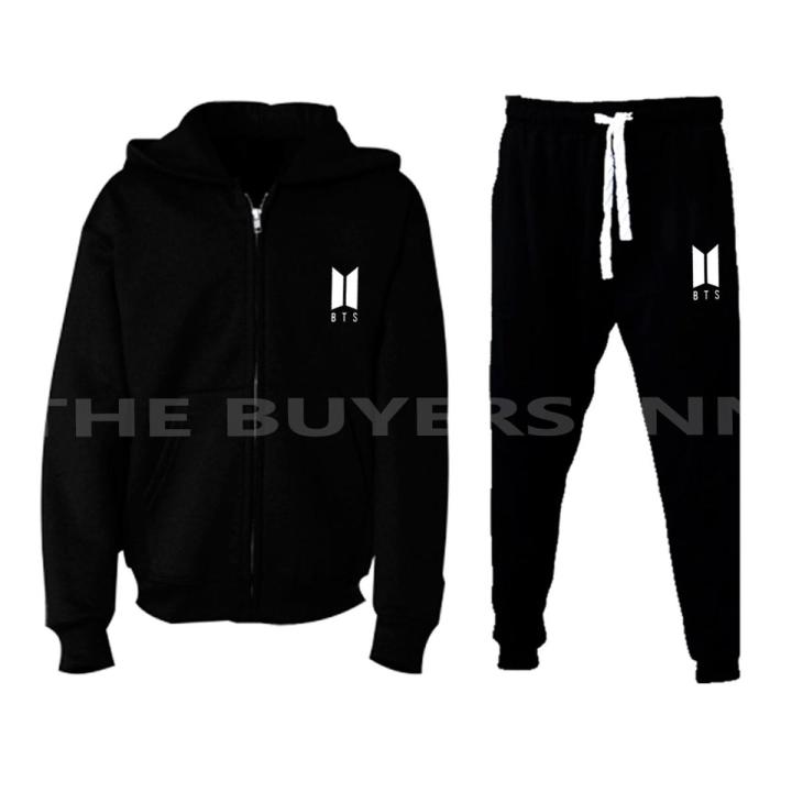 BTS Logo Winter Zipper Hoodie zip up Pullover Hood Trouser For Men - Black