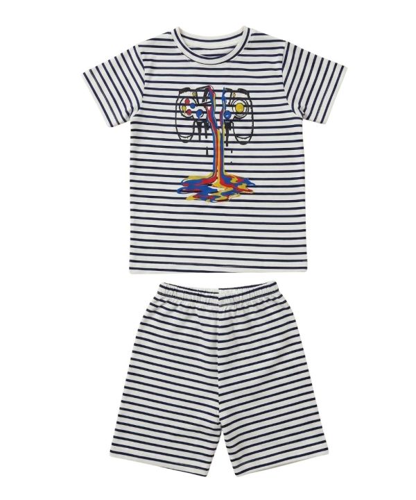 Minichunkies Kids Boys Summer Suit - Melting Gamer Controller Striped T-Shirt & Navy Shorts 2 Piece Set - Breathable Cotton Outfit