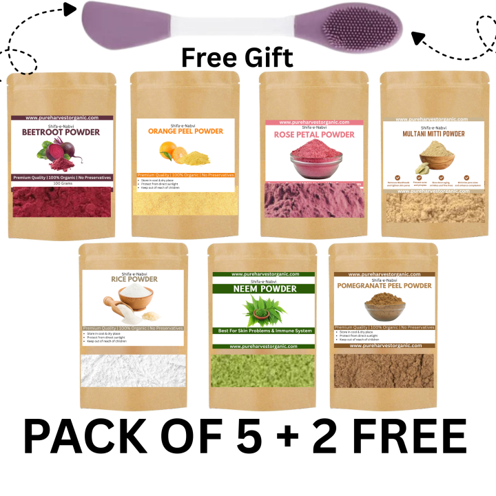 Pack of 5 Powders + 2 Free | Rice, Multani, Rose, Orange Peel, Pomegranate Peel, Neem & Beetroot Powder | 100% Pure & Natural Skincare & Haircare | 50 Grams Each