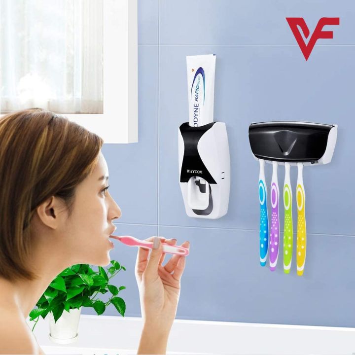Plastic%20Set%20of%20Toothpaste%20Dispenser%20&%20Toothbrush%20Holder%20-%20White%20Automatic%20Tooth%20paste%20Dispenser%20and%20Tooth%20brush%20Holder%20Set%20%20Wall%20Mounted%20Toothpaste%20Dispenser%20with%205%20Toothbrush%20Holder%20Set%20%20Toothpaste%20Squeezing%20Machine%20%20Tooth%20brush%20Holder%20-%20Image%204
