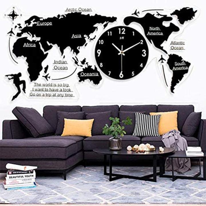 World Map Wall Clock Large Modern Design 3D Stickers Hanging Clock for Living Room Bedroom Sofa Backdrop Tv Wall Background