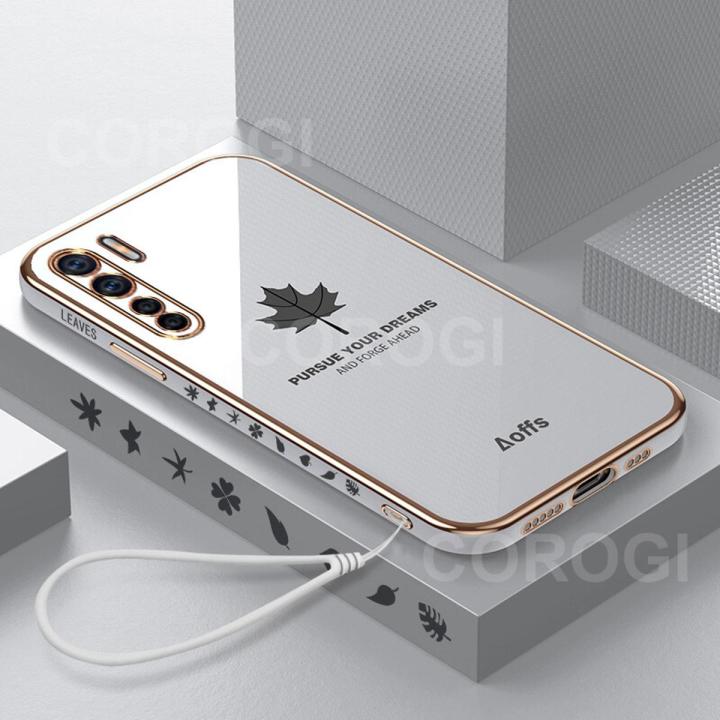 For OPPO F15 / OPPO Reno3 Cover + Wrist Strap Fashion Shiny Maple leaf Plating Square Bumper Phone Case Soft TPU Silicone Shockproof Protective Back Cover