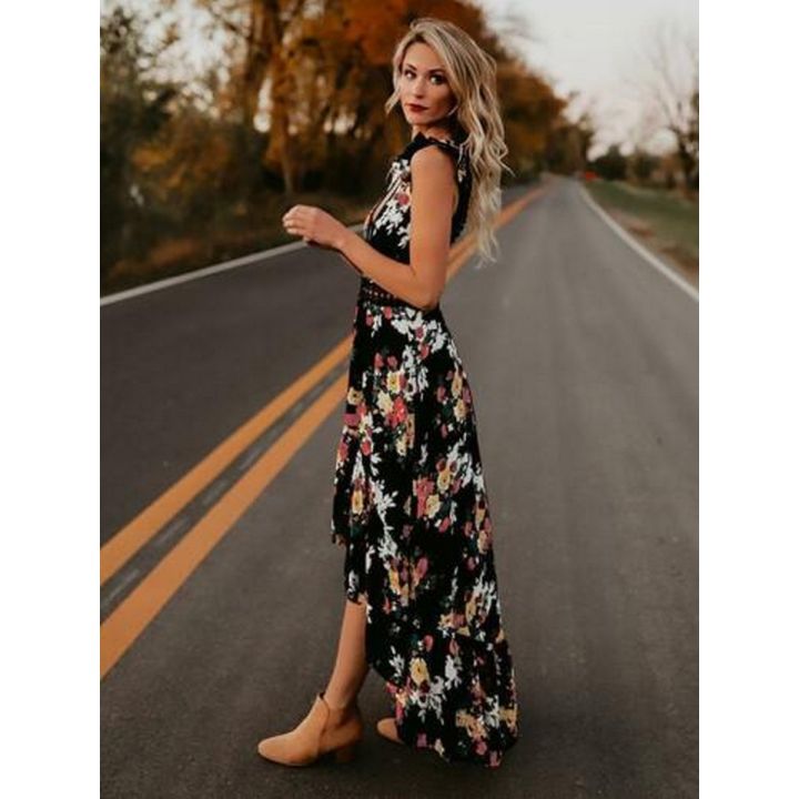 Summer New Women Elegant Vintage Boho Long Maxi Dress Backless Party Beach Dress Floral Sundress