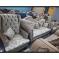 Royal Design Tufted Sofa Set - Tufted Back  Curved Arms  Relaxer Back  Printed J Card Fabric Seats  Velvet Fabric - 5 Seater. 